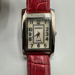 Gossip Tank Watch Women Silver Tone Red Second Hand Leather Band Works 9"